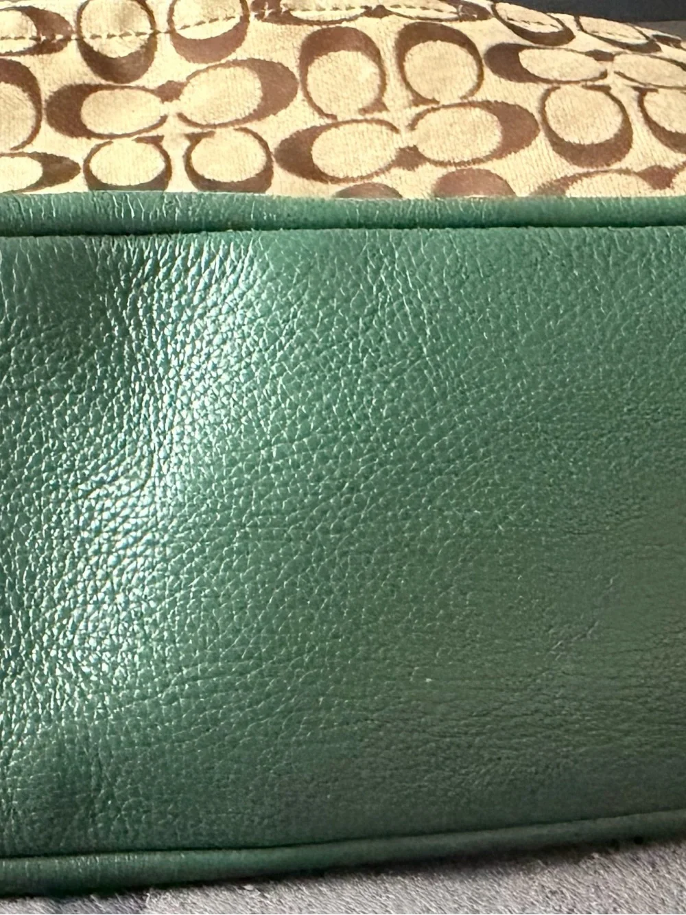 Coach Beige Signature Canvas with Green Leather Hobo Bag